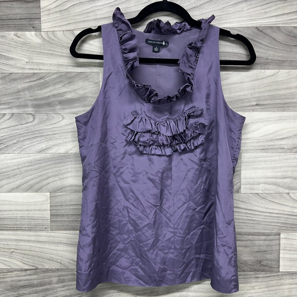 Banana Republic Tank Top Womens Small Purple‎ 100% Silk Ruffle Detail Sleeveless